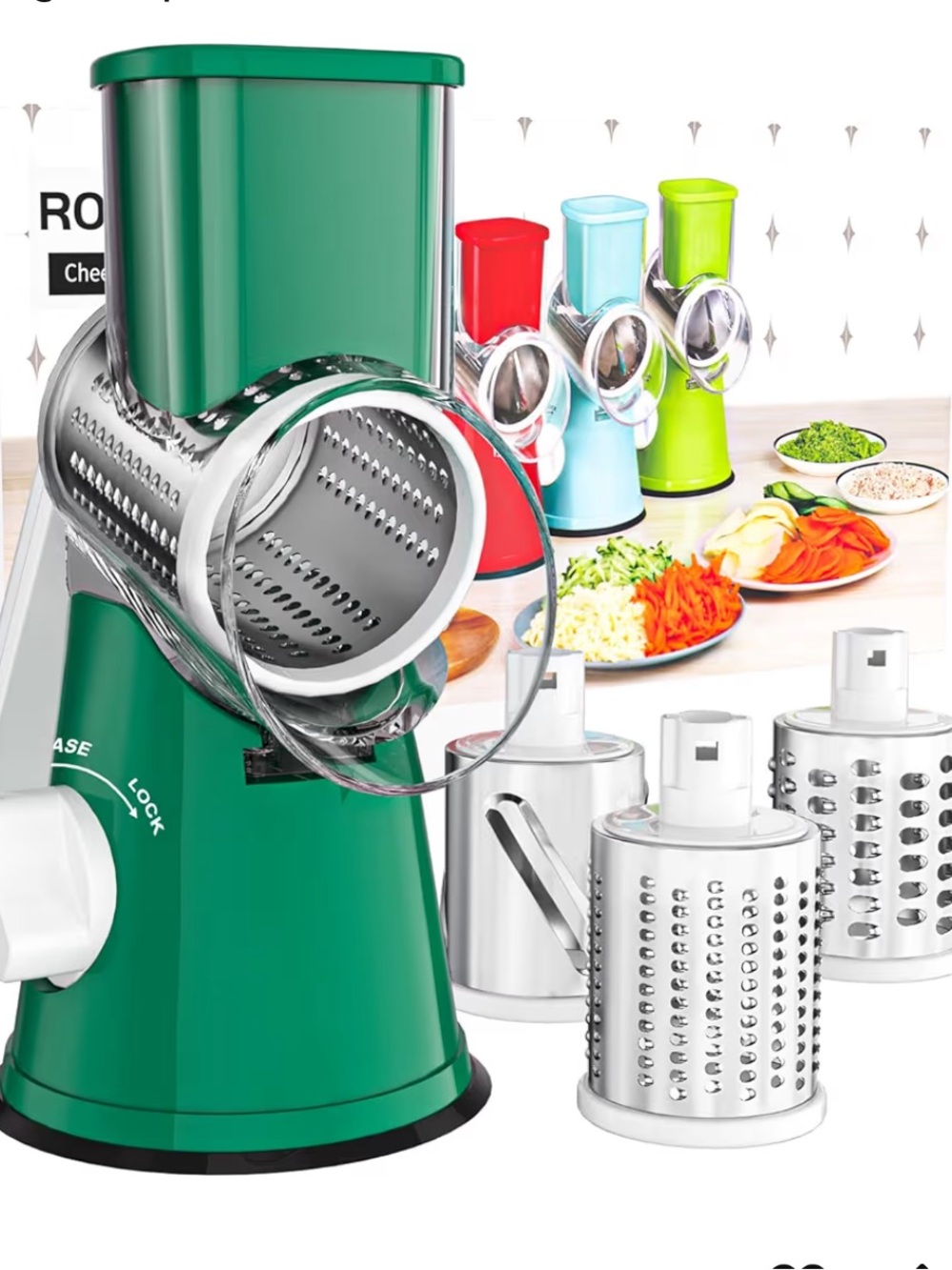 Green Rotary Cheese & Vegetable Grater with Multi-Drum Blades